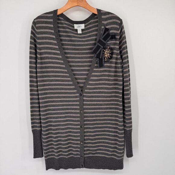 Ann Taylor LOFT Cardigan striped rhinestones Gray vneck sweater size large - Picture 7 of 14